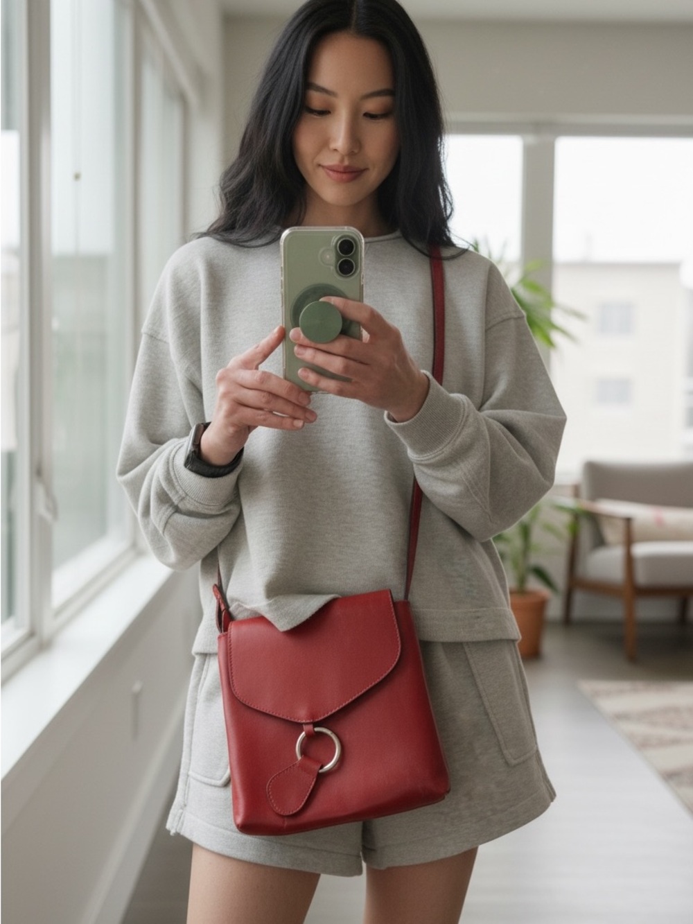 Red Leather Made In Italy Crossbody Bag with Ring Detail